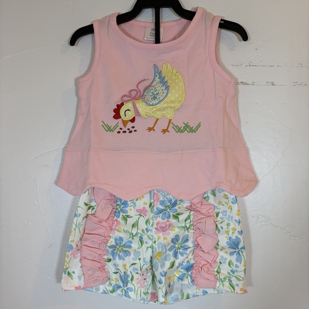 NEW Boutique 3M Embroider Chicken‎ Spring Easter Chick Floral Scallop Outfit Set